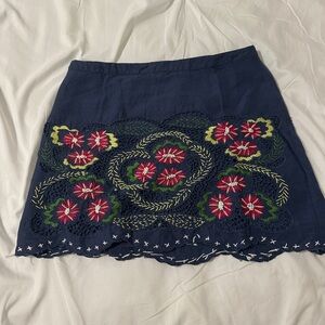 Anthropologie Navy Skirt with Red Floral Embroidery
